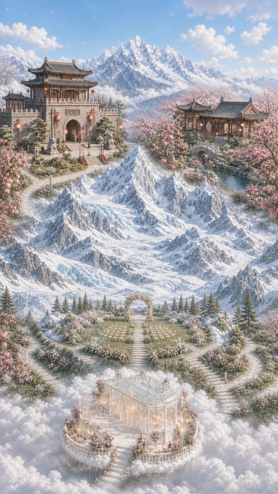 雪山、花木与婚礼礼堂组成的邀请地图